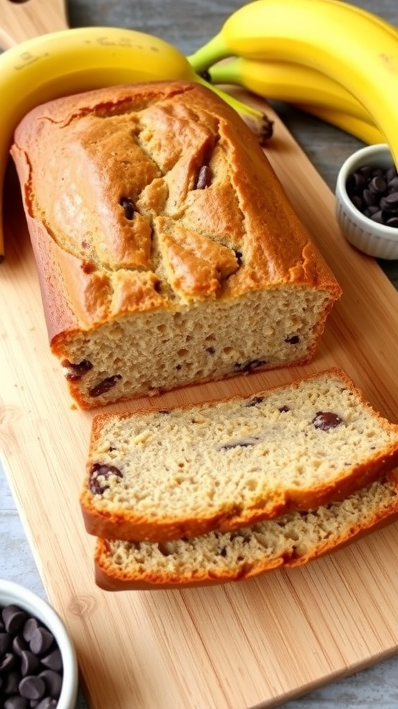 A loaf of banana bread sliced on a cutting board with ripe bananas and chocolate chips.